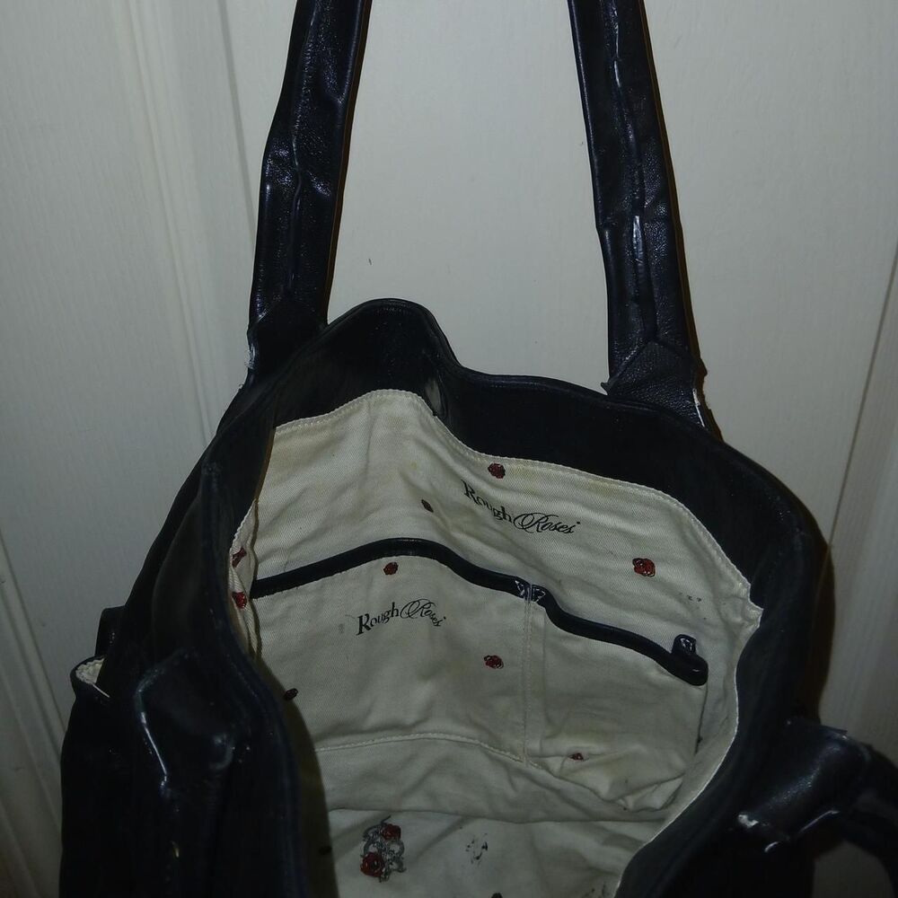 Y2K Rough Roses Black Leather Slouchy Handbag Silver Tone Roses Whimsygoth - Picture 7 of 8